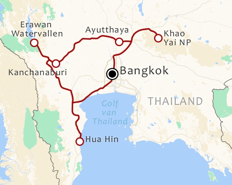 Routekaart 11-Daagse rondreis Centraal-Thailand