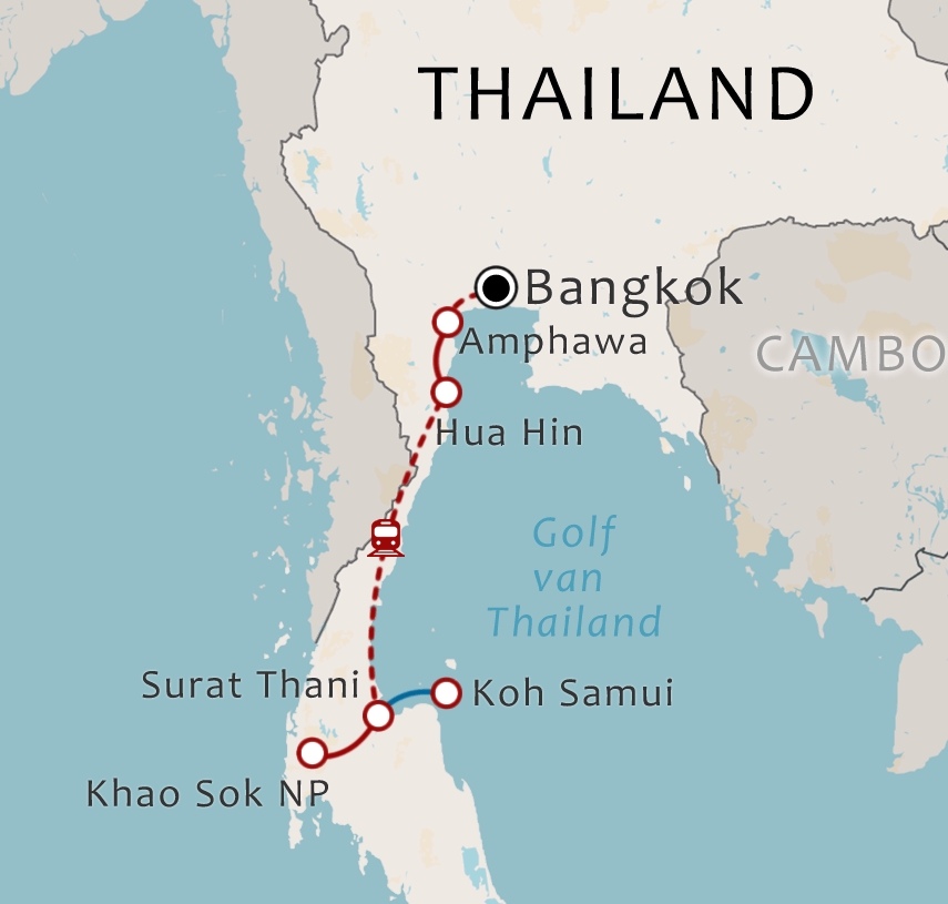 Routekaart 15-Daagse rondreis Centraal- en Zuid-Thailand