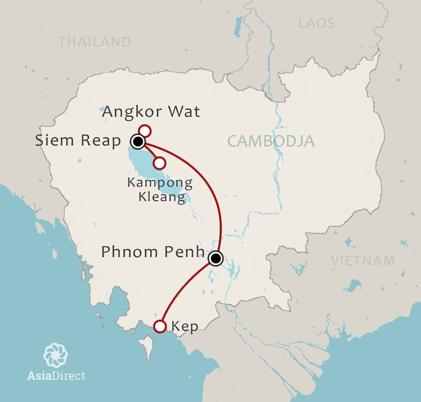 Routekaart 11 daagse rondreis Cambodja