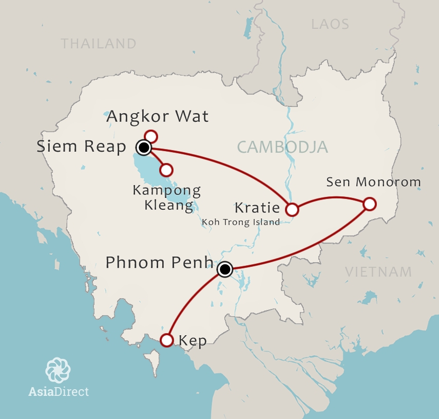 Routekaart 17 daagse rondreis Cambodja