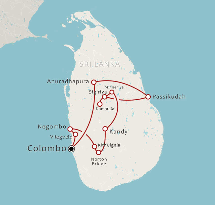 Routekaart 18-daagse rondreis Tropisch familieavontuur in Sri Lanka
