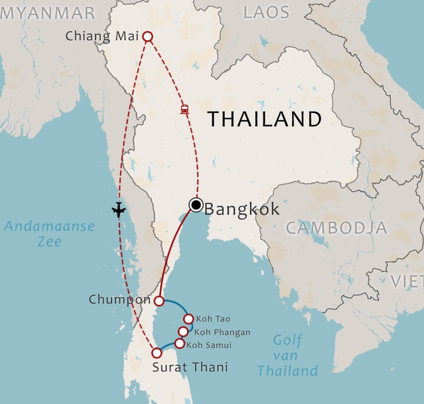 Routekaart 19 daagse rondreis Noord en Zuid Thailand