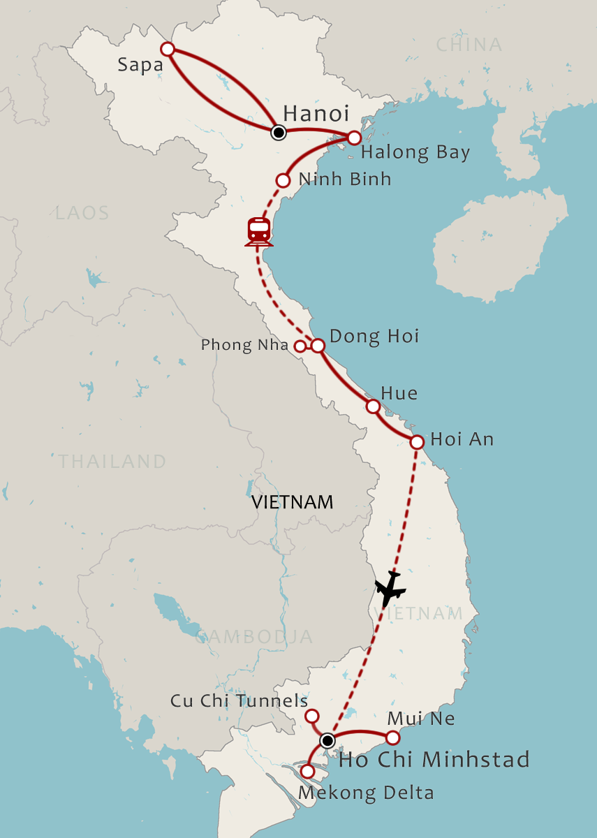 Routekaart 20-daagse rondreis Vietnam Compleet