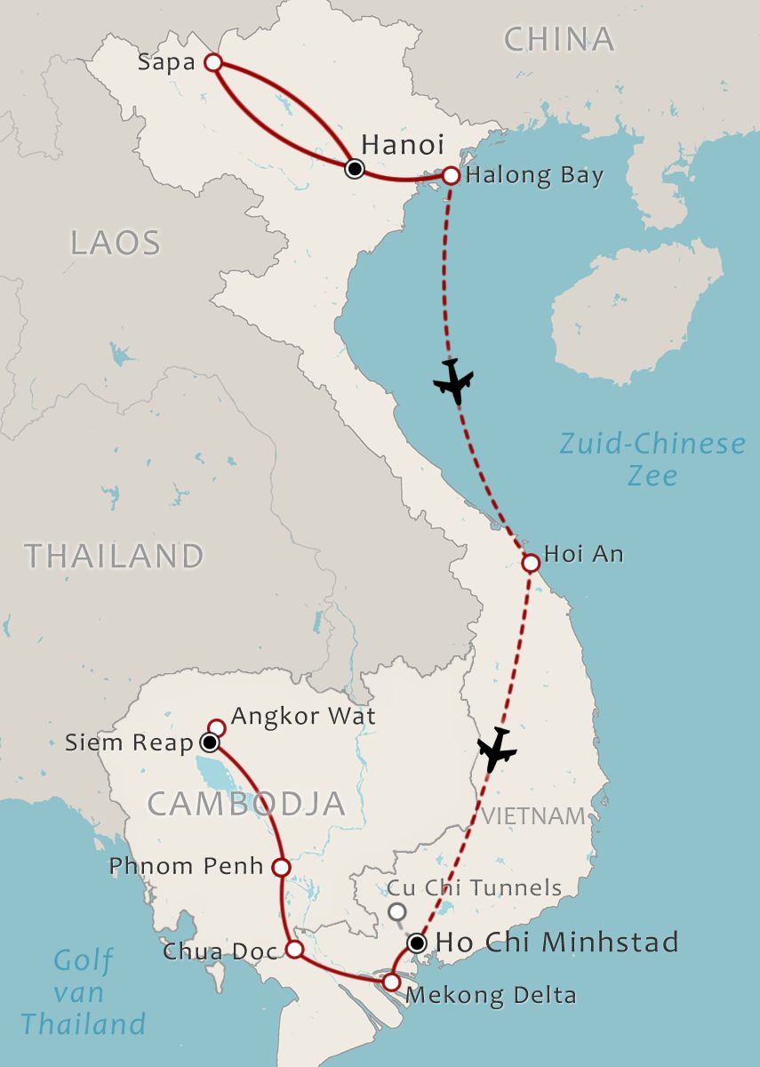 Routekaart 20 daagse combinatiereis Vietnam Cambodja en Thailand 1