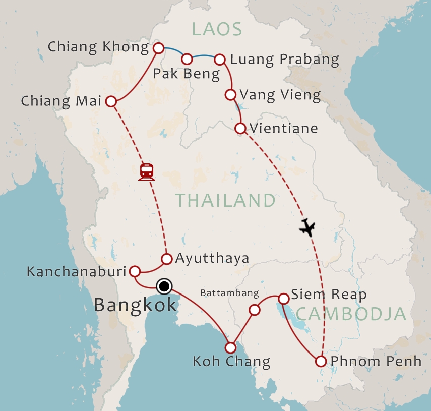 Routekaart 29-Daagse rondreis Thailand Laos en Cambodja