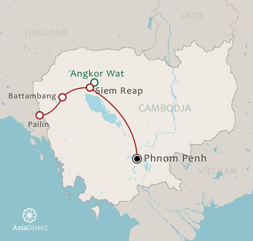 Routekaart 8 daagse rondreis De kleuren van Cambodja