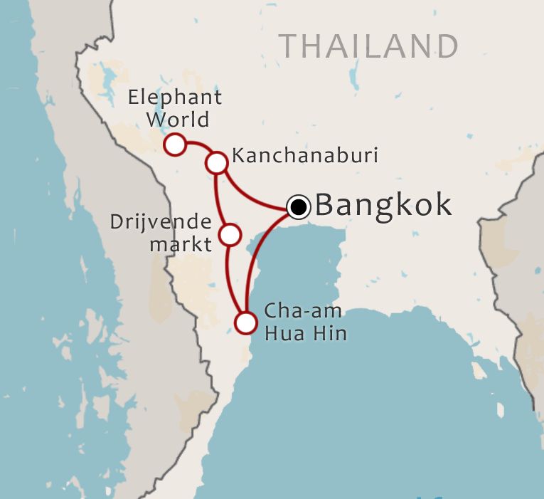 Routekaart 13 daagse familiereis Centraal Thailand