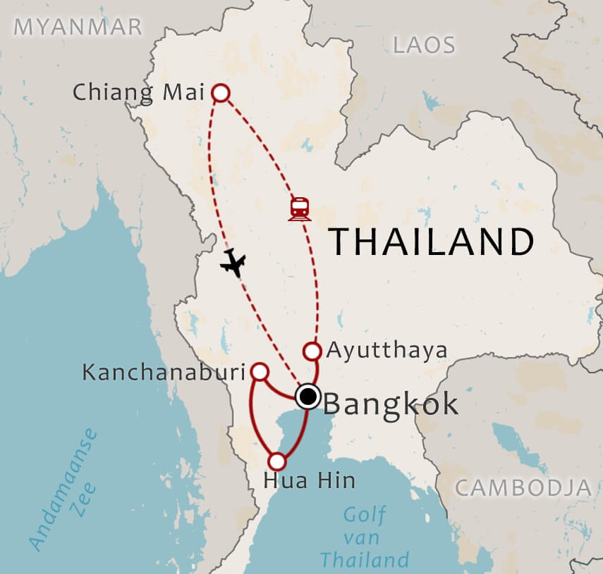 Routekaart 16 Daagse rondreis centraal en noordthailand