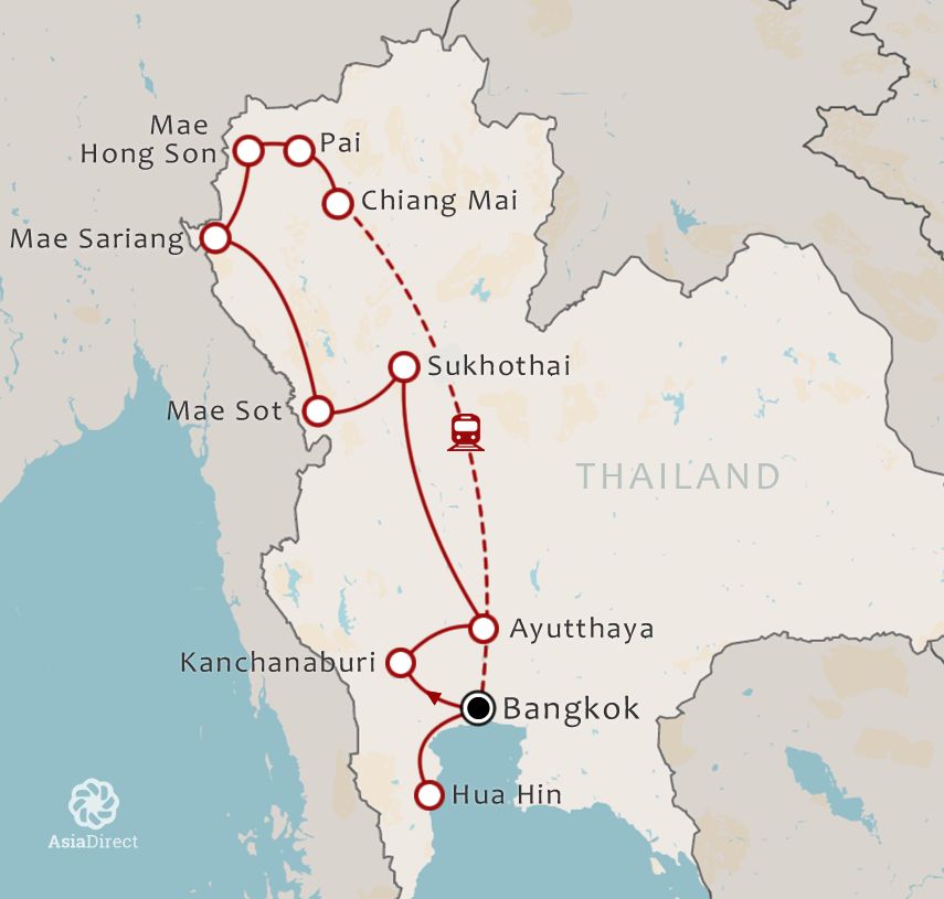 Routekaart 21 Daagse rondreis met chauffeur Noord Thailand via Pai