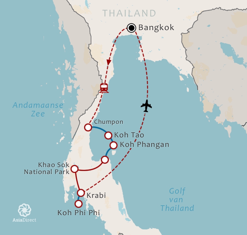 Routekaart 21 daagse rondreis zuid thailand