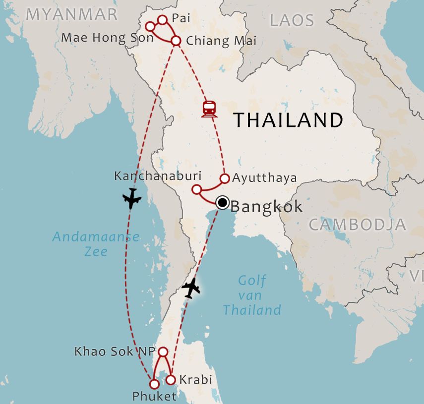 Routekaart - 22 daagse rondreis dwars door Thailand