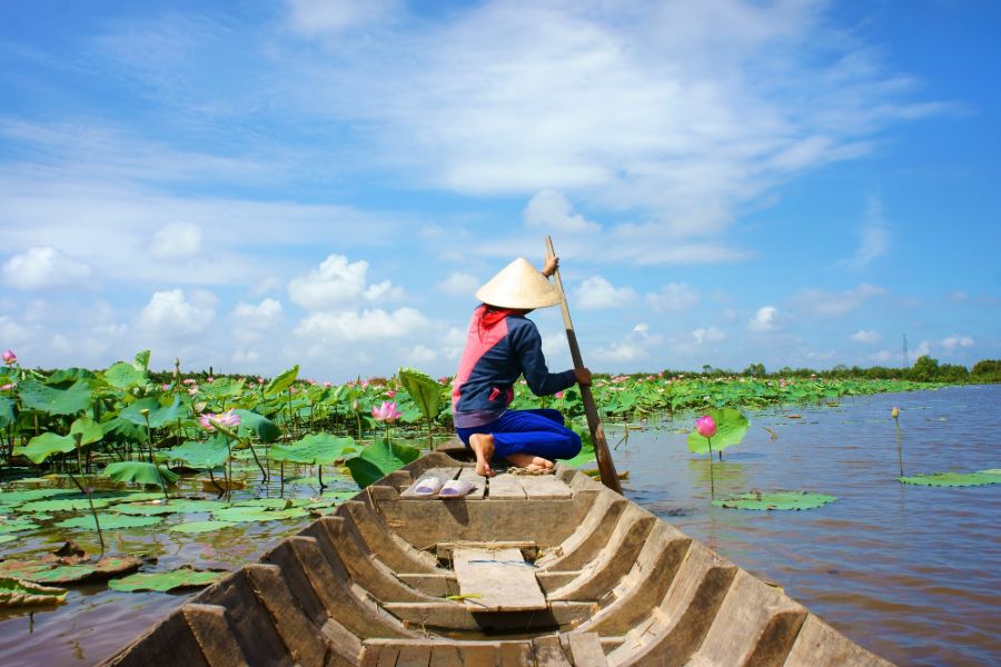 Vietnam Mekong Delta asian woman in longtail boat lotus bloem rivier