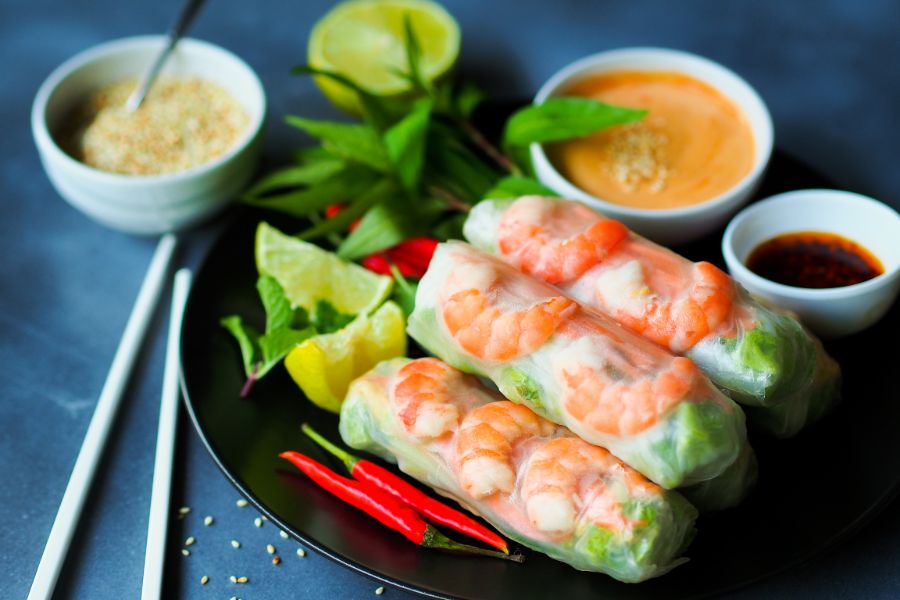 Vietnamese food fresh summer rolls with shrimp and vetgetables