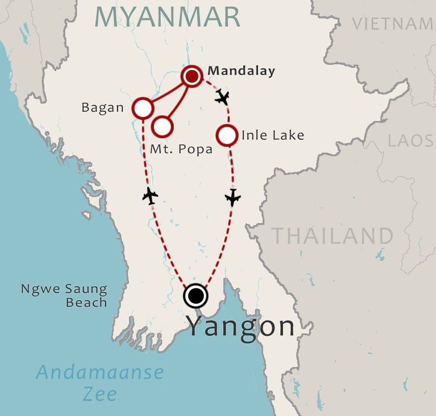 Routekaart 11 Daagse rondreis Hoogtepunten van Myanmar