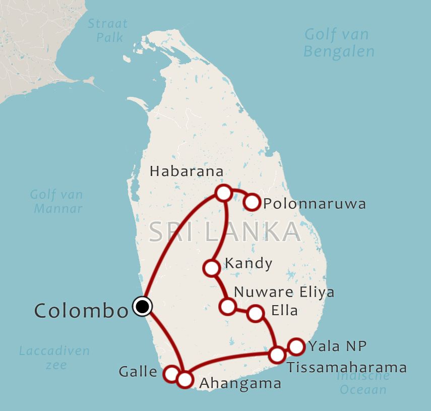 Routekaart 13 Daagse rondreis Sri Lanka Do it your way Deluxe