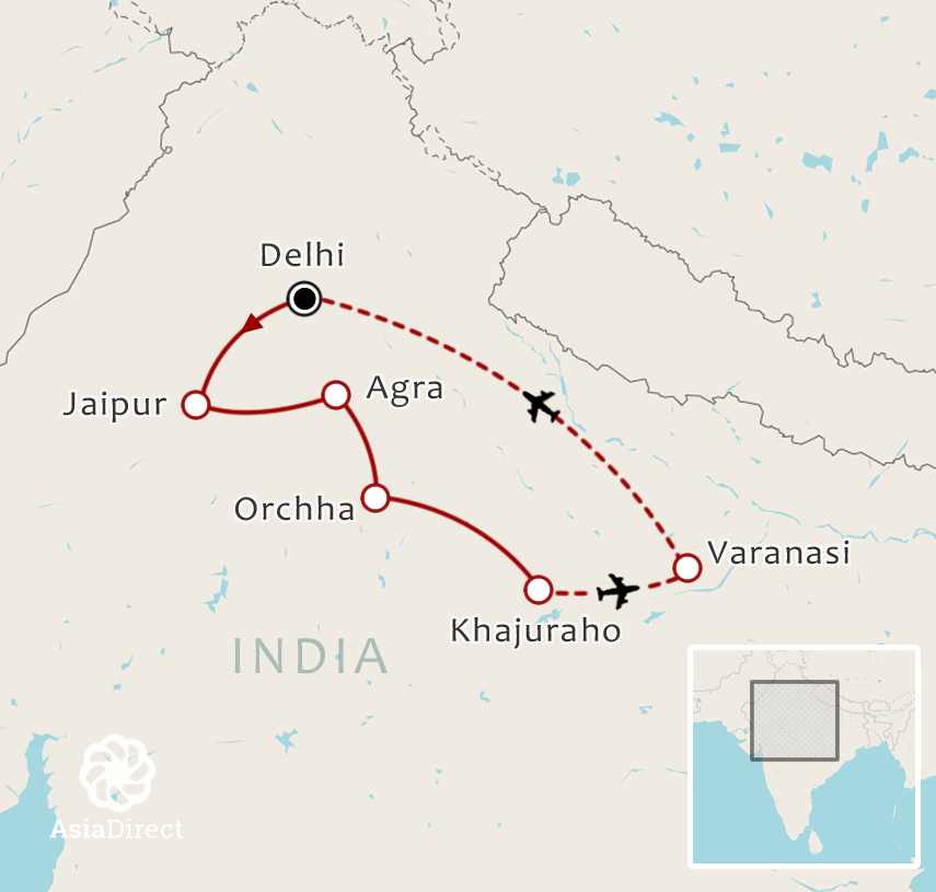 Routekaart 13-daagse rondreis Wonderlijk India