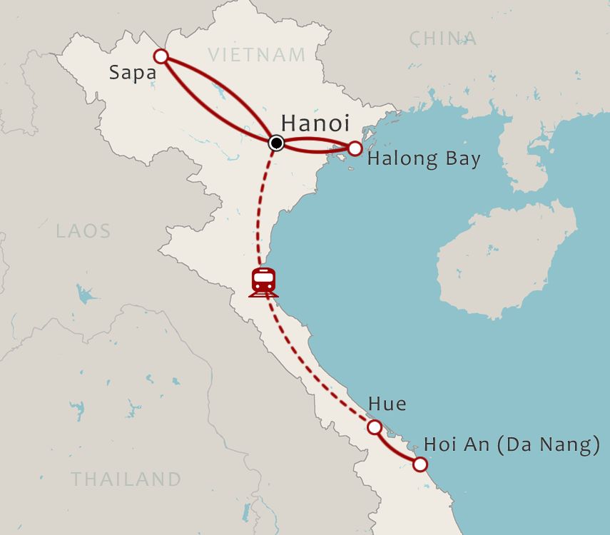 Routekaart 14 Daagse rondreis Noord en Centraal Vietnam