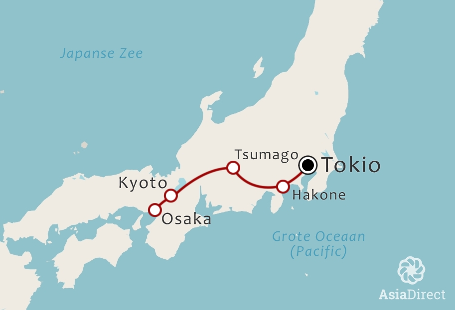 Routekaart 14 daagse rondreis Hoogtepunten van Japan