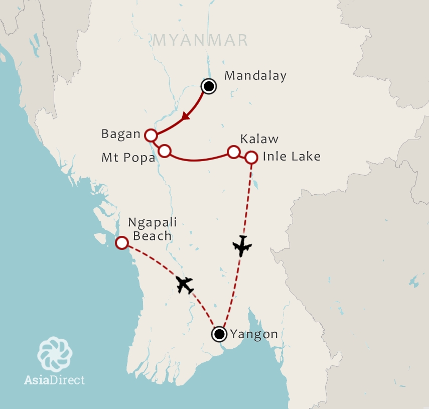 Routekaart 17 Daagse rondreis Best of Myanmar