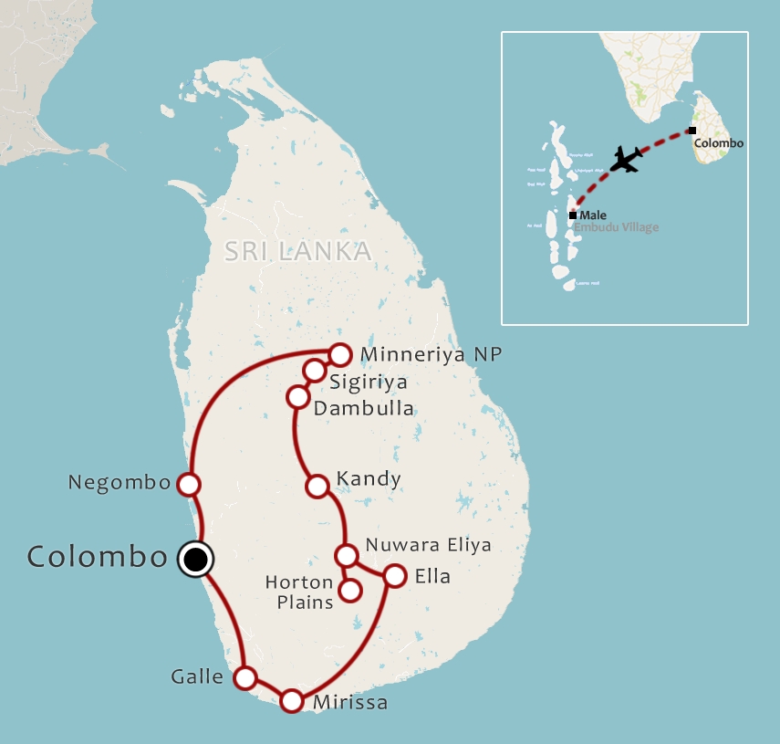 Routekaart 17 daagse Sri Lanka en Malediven