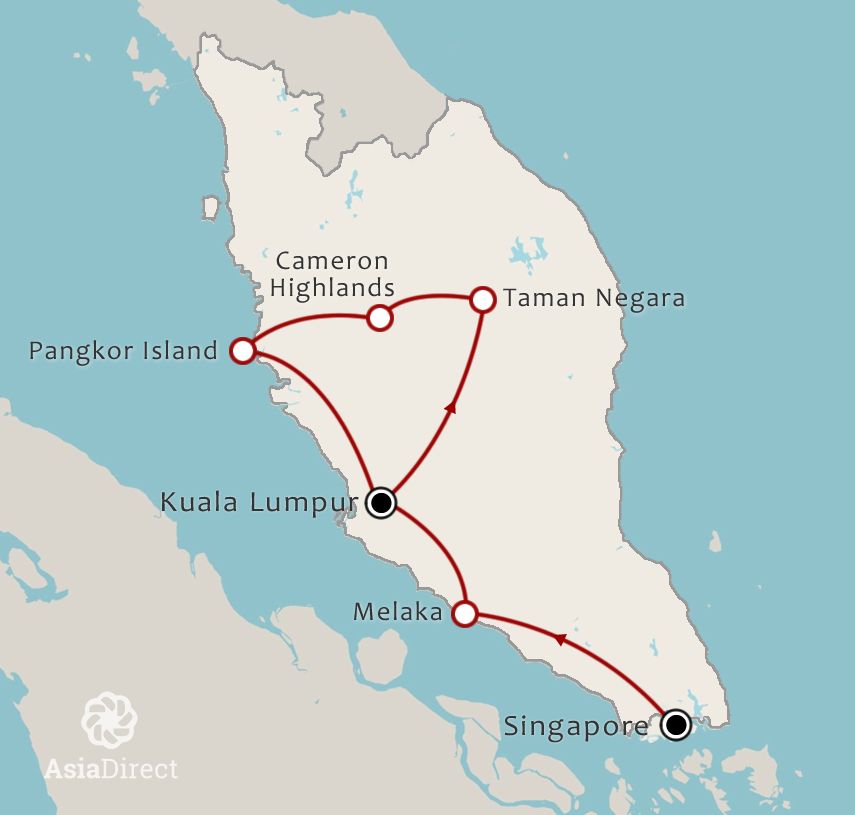 Routekaart 18 Daagse rondreis Ervaar Singapore Maleisie