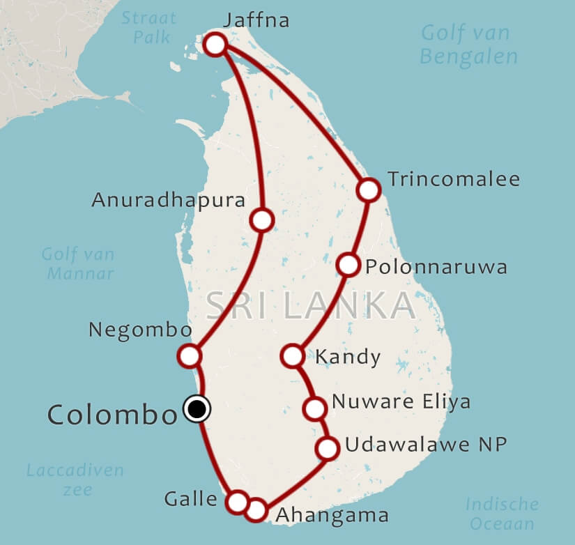 Routekaart 21 Daagse rondreis dwars door Sri Lanka