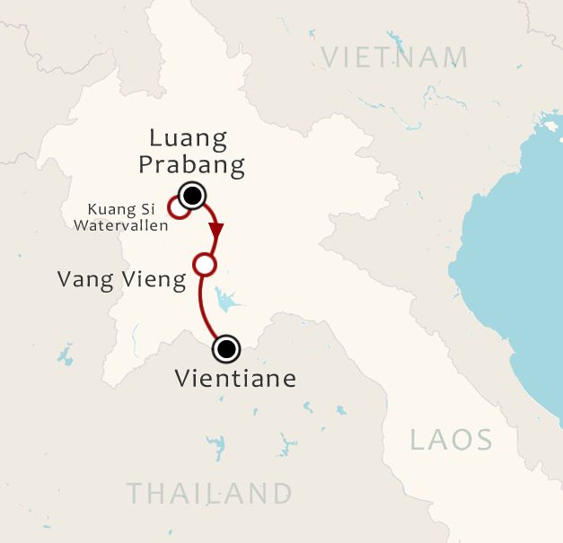 Routekaart 8 Daagse rondreis Hoogtepunten van Laos Noord naar Zuid