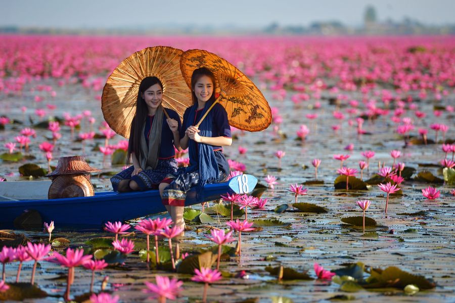 Thailand Udon Thani Nong Harn meer lotus bloemen met een bootje