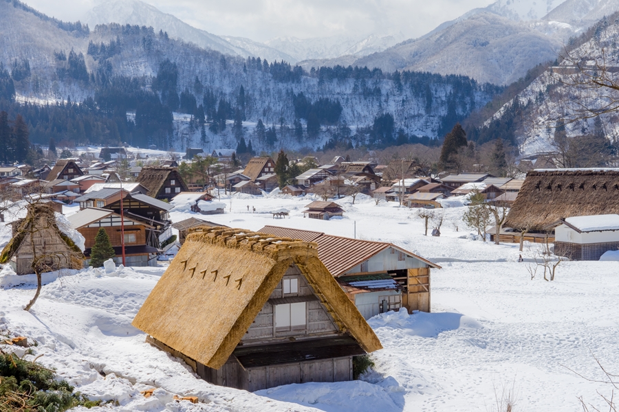 Japan Gify Shirakawago Traditionele huizen in de sneeuw