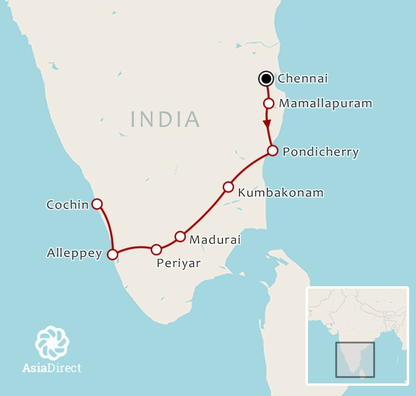 Routekaart 12-daagse rondreis Het mooiste van Zuid India