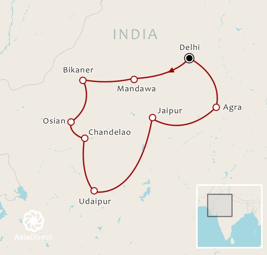 Routekaart 16-daagse rondreis De kleuren van India