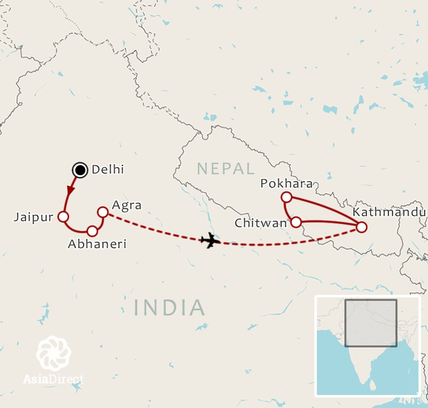 Routekaart 16-daagse rondreis Noord-India Nepal