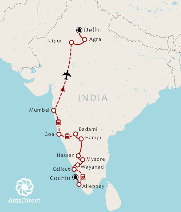 Routekaart 22-daagse rondreis India van Zuid naar Noord