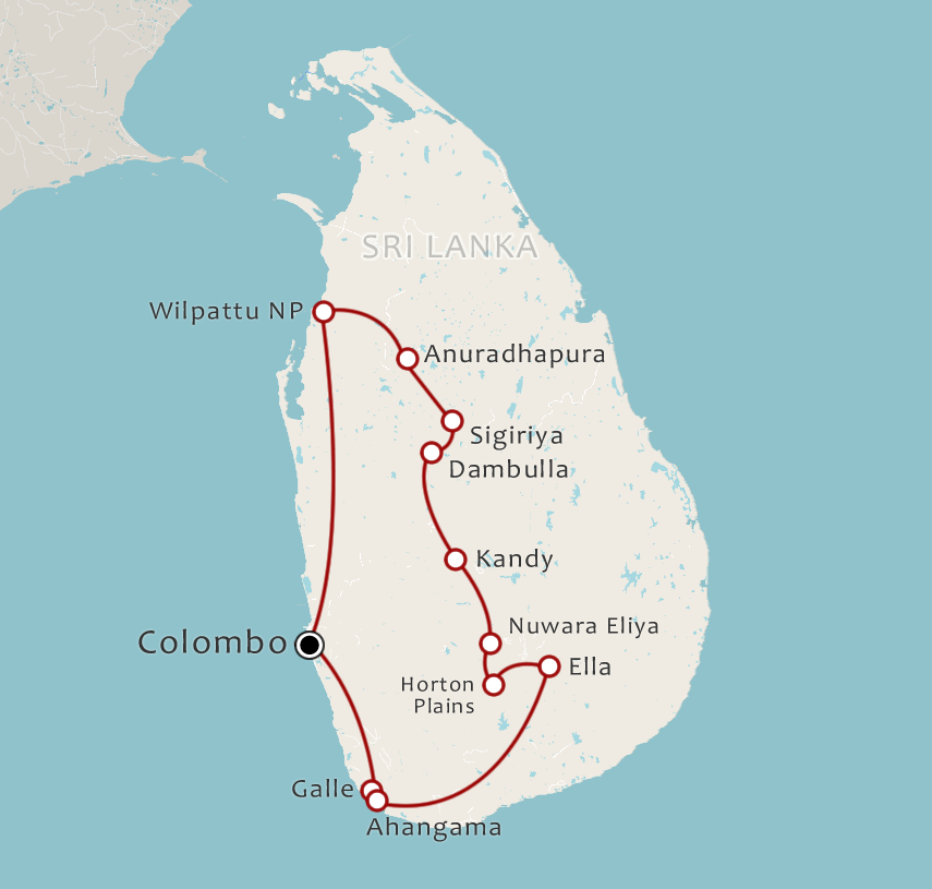 Routekaart 18-daagse rondreis Paradijselijk Sri Lanka