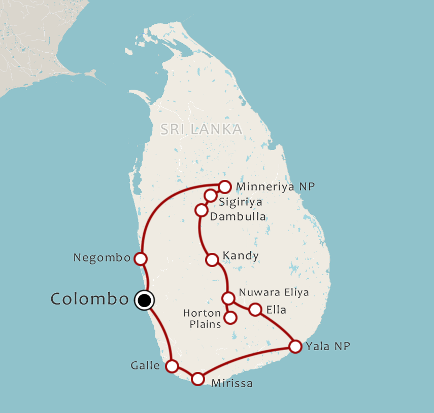 Routekaart 19 Daagse rondreis Het beste van Sri Lanka