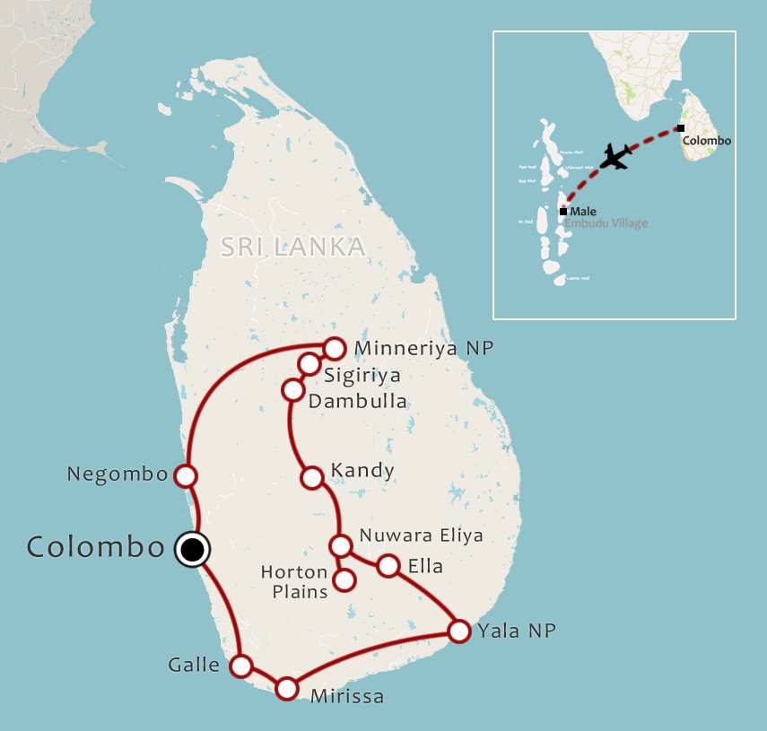 Routekaart 20-daagse Sri Lanka en Malediven