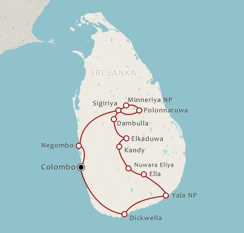 Routekaart 16-daagse familiereis echt Sri Lanka