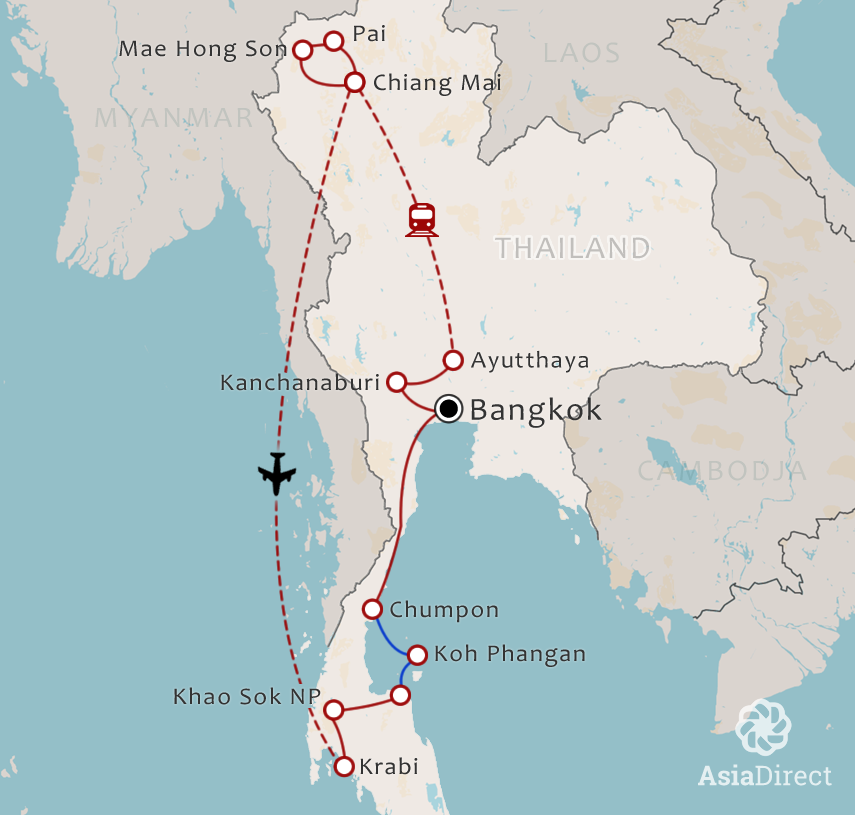 Routekaart 21-daagse rondreis Thailand compleet