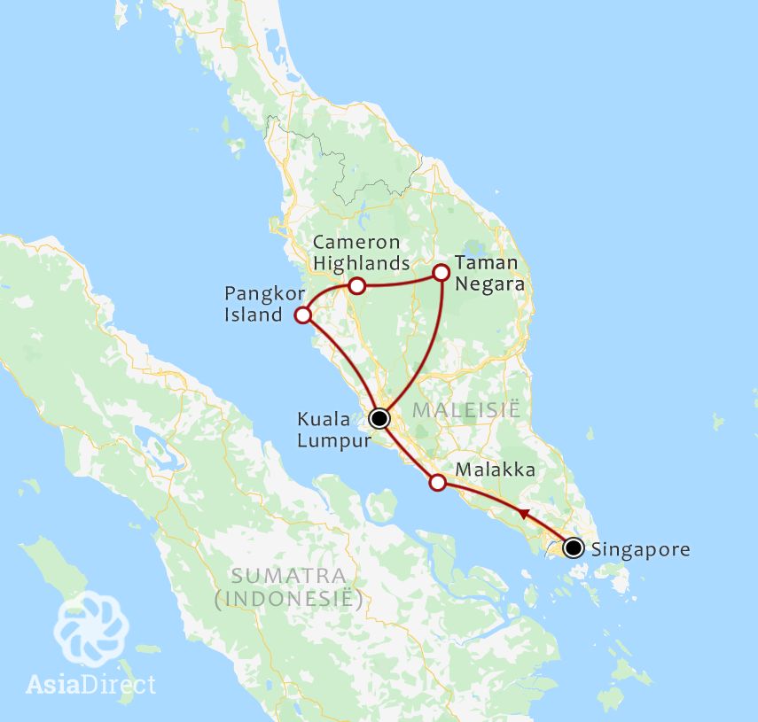 Routekaart 17 Daagse rondreis Singapore Maleisie Pangkor