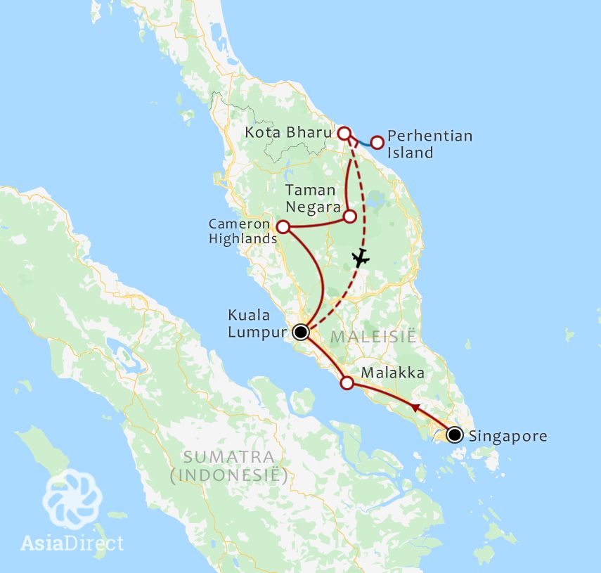 Routekaart 17 Daagse rondreis Singapore Maleisie Perhentian