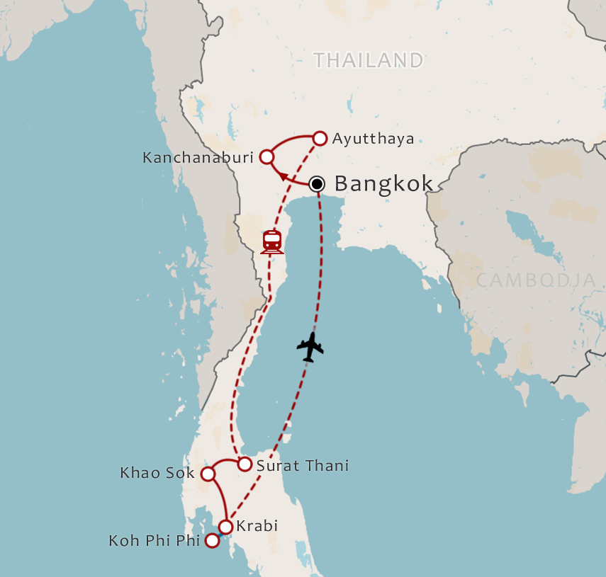 Routekaart 17 Daagse rondreis Typisch Thailand