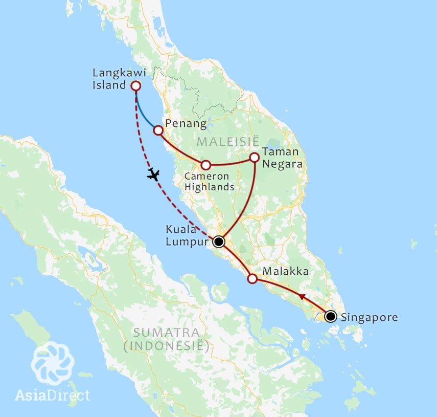 Routekaart 19 Daagse rondreis Singapore Maleisie Penang en Langkawi