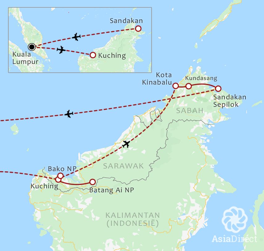 Routekaart 18 Daagse rondreis Oost Maleisie Compleet