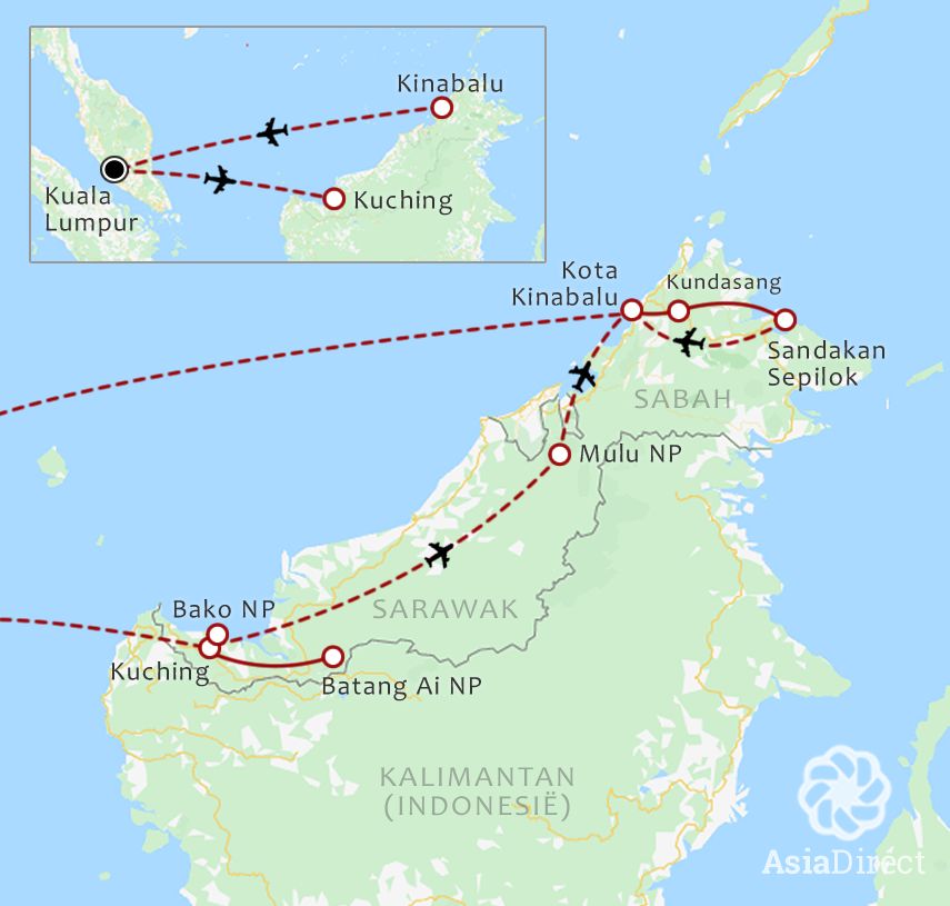 Routekaart 22 Daagse rondreis Oost Maleisie Compleet en Strand