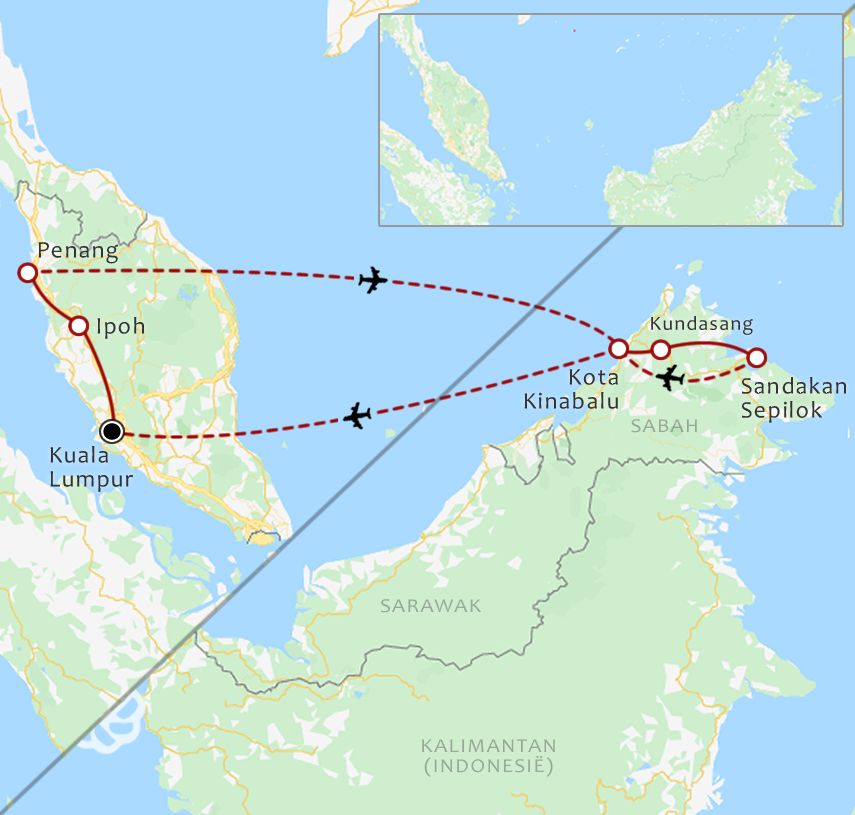 Routekaart 16 Daagse rondreis West Maleisie Sabah