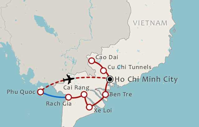 Routekaart 11-daagse rondreis Zuid Vietnam