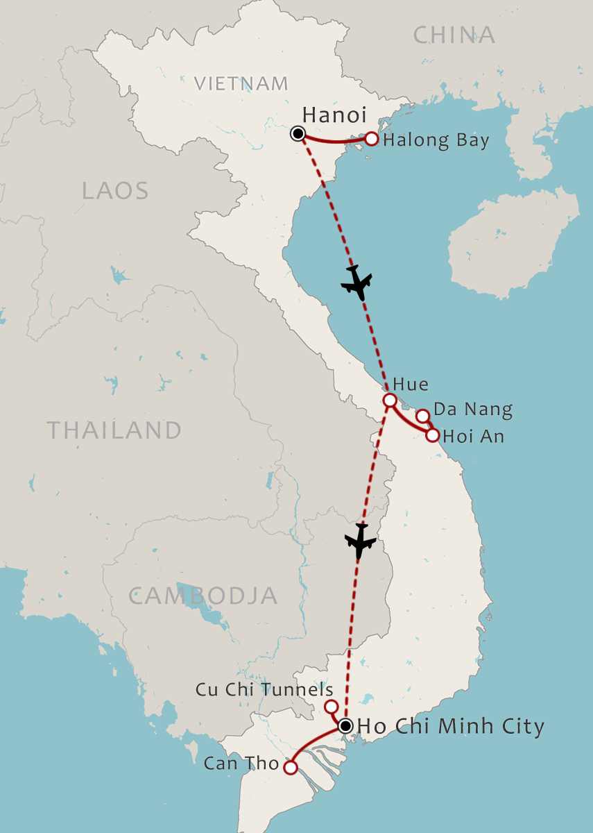 Routekaart 14-daagse romantische rondreis Vietnam