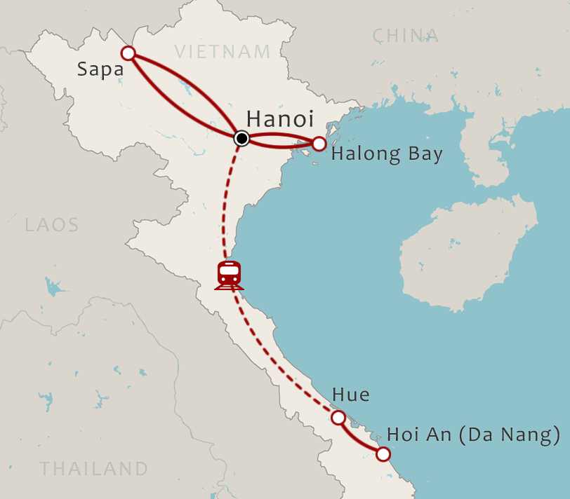 Routekaart 14-daagse rondreis Noord en Centraal Vietnam