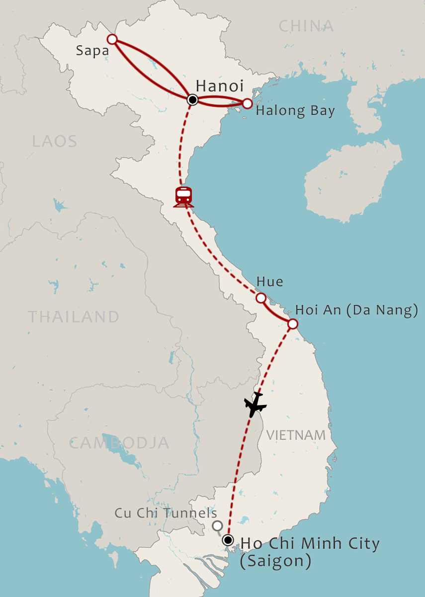 Routekaart 15-daagse rondreis Vietnam Do it your way