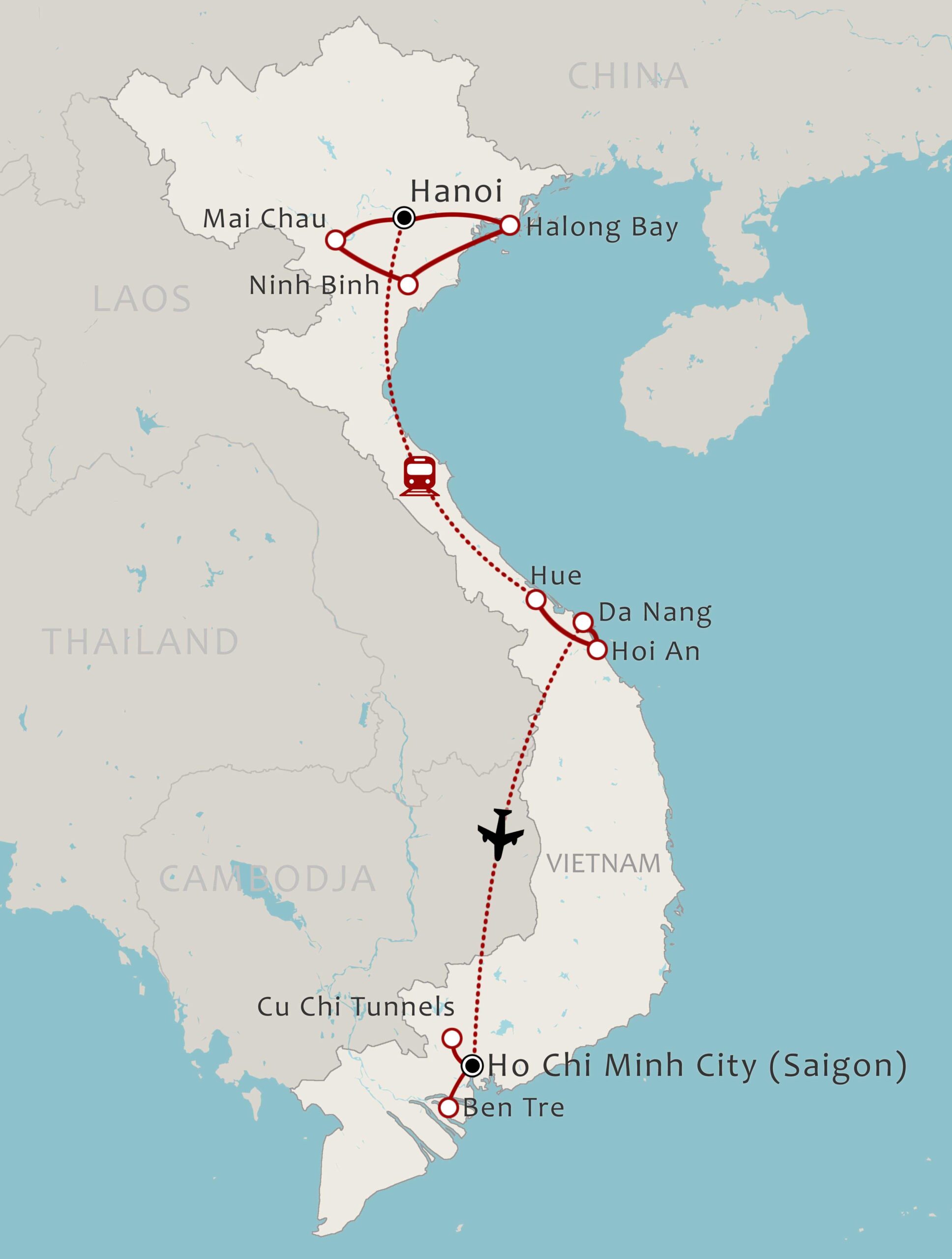 Routekaart 15-daagse rondreis dwars door Vietnam via Mai Chau